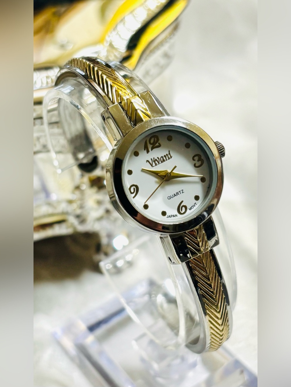 Vivani Silver Gold Cuff Clamper Watch Bracelet
